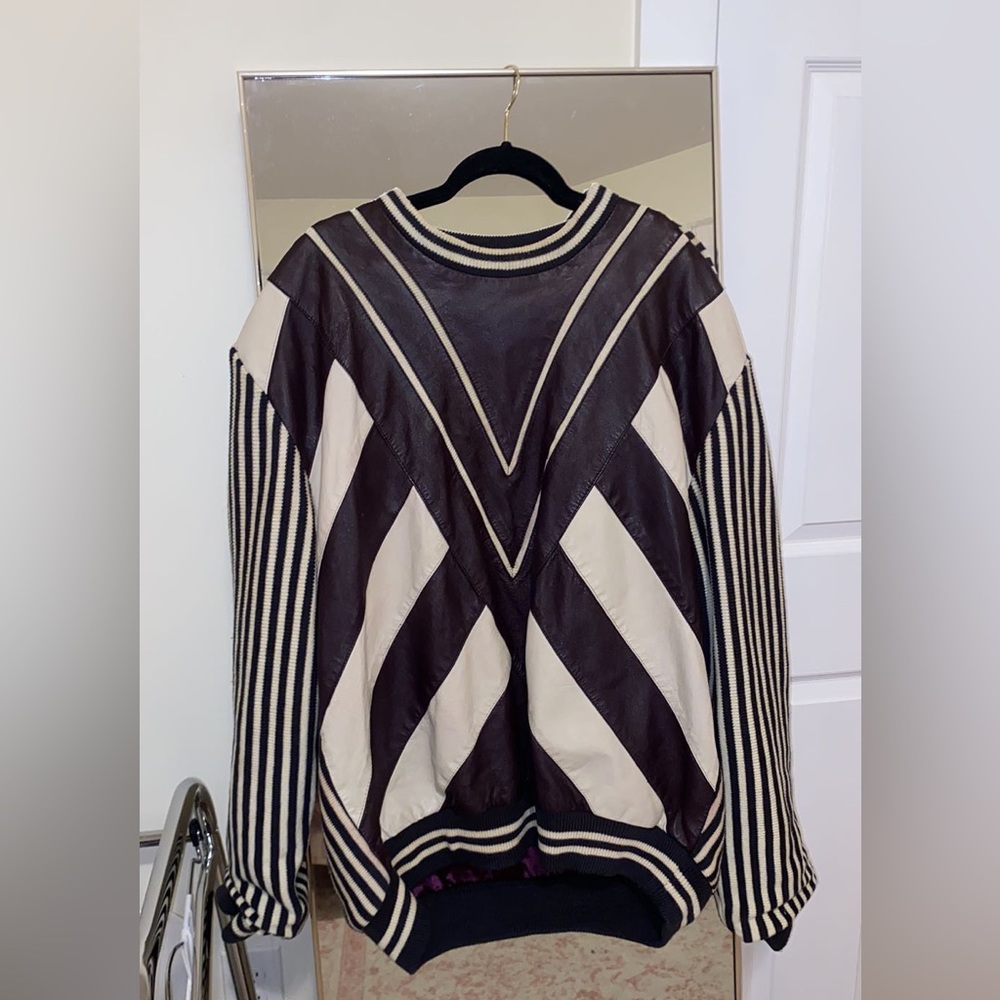MANART Vintage Leather & Wool Oversized Sweater Dark Brown Purple Plum Size XL